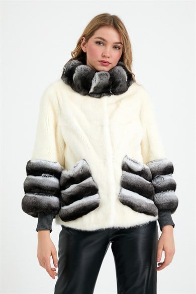 Veste en fourrure de vison blanche avec garniture de chinchilla naturelle