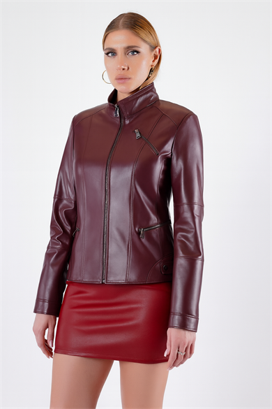 Veste en cuir bordeaux