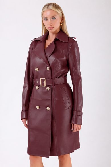 Bordo Hakiki Deri Trench Kaban