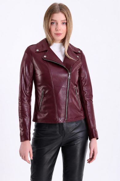 Bordo Kemer Aksesuarlı Fitted Deri Ceket
