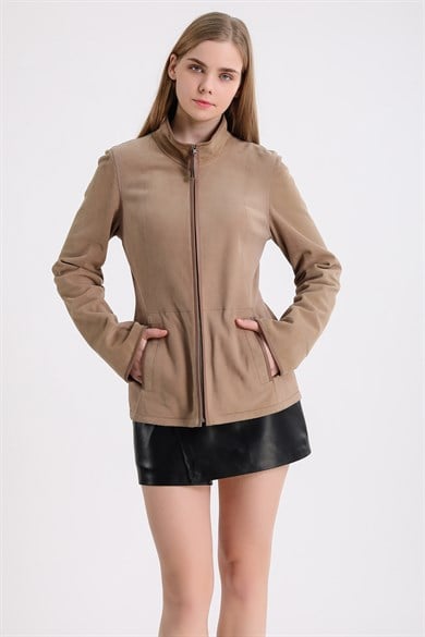 Veste en daim réversible camel et crème