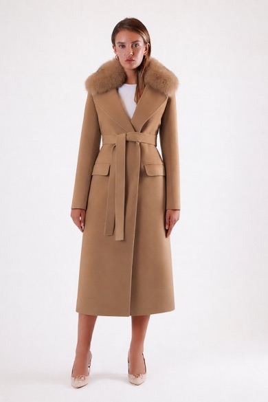 Manteau en cachemire chameau avec accessoires en fourrure