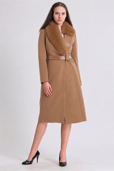 Manteau en cachemire chameau avec finitions en fourrure de renard et montone