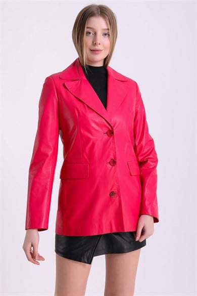 Veste en cuir fuchsia style blazer