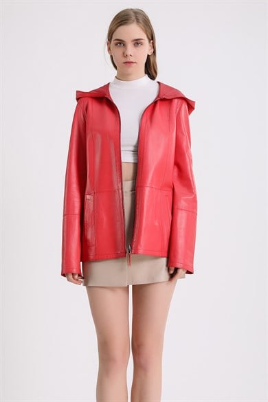 Manteau réversible daim cuir fuchsia à capuche