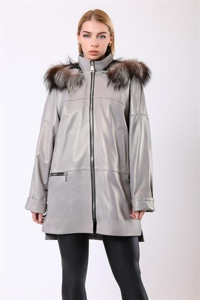 Manteau Amanda en cuir avec garniture de fourrure gris
