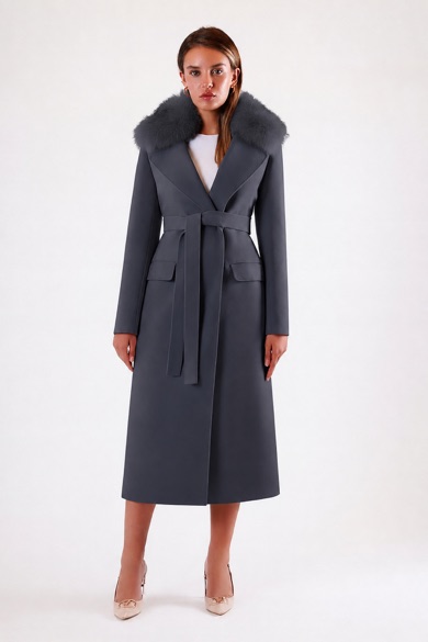 Manteau en cachemire gris avec fioritures en fourrure