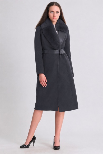 Manteau en cachemire gris avec finitions en fourrure de renard et montone