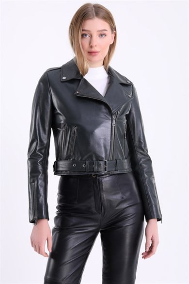 Veste en cuir kaki style biker