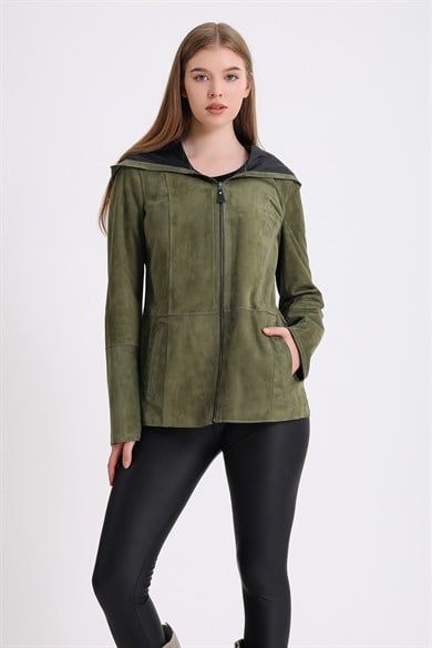Manteau réversible daim cuir kaki à capuche