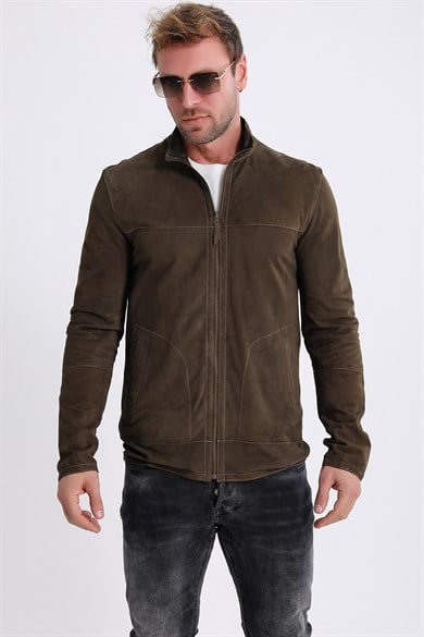 Veste réversible en daim et cuir kaki