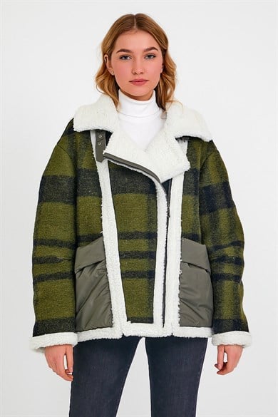 Manteau en laine khaki surdimensionné à carreaux