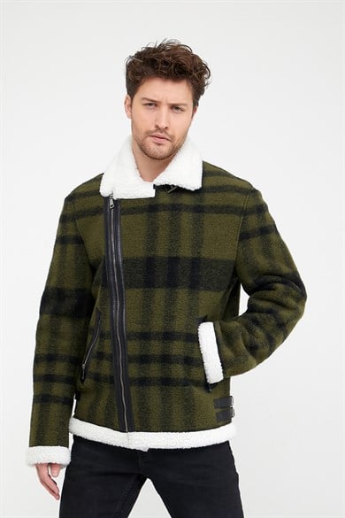Manteau en laine kaki à carreaux