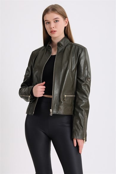 Veste en cuir kaki avec détail jumbo doré