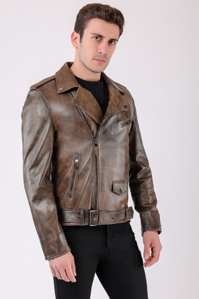 Kurtka motocyklowa khaki w kamuflaż w stylu vintage ze skóry naturalnej