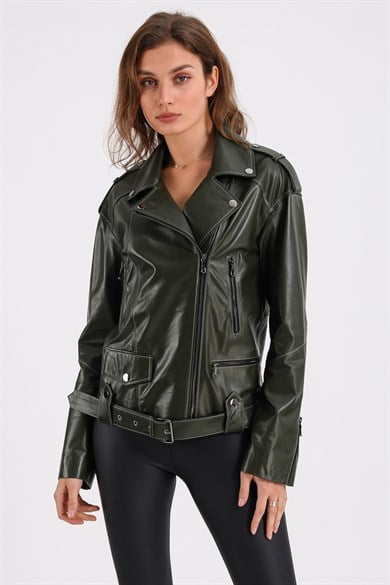 Veste en cuir kaki oversized