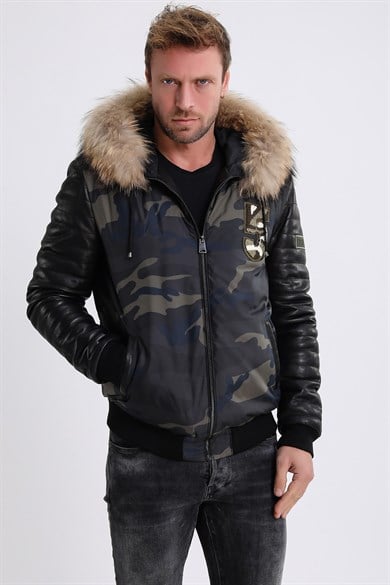 Manteau Army en cuir kaki avec garniture en fourrure de renard