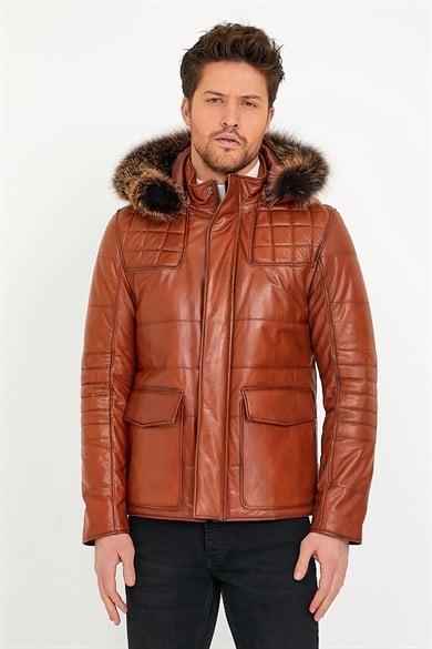 Veste en cuir marron avec détail en fourrure de renard Argante