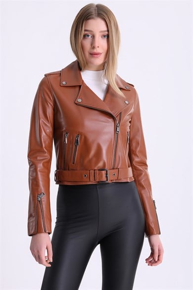 Veste en cuir marron style biker