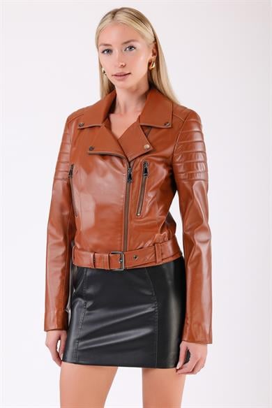 Veste biker en cuir marron