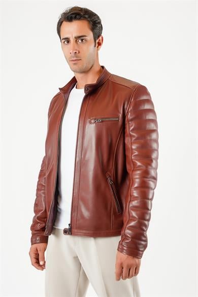 Veste biker en cuir marron