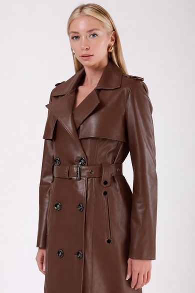 Kahve Celine Hakiki Deri Trench Kaban