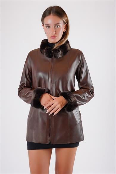 Veste en cuir marron réversible avec garniture fourrure Rex