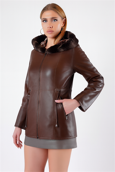 Veste en cuir marron réversible avec garniture fourrure Rex