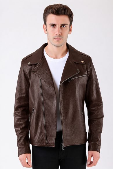 Kahve Jumbo Biker Hakiki Deri Ceket