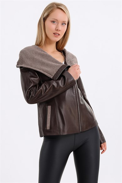 Veste cuir marron à capuche