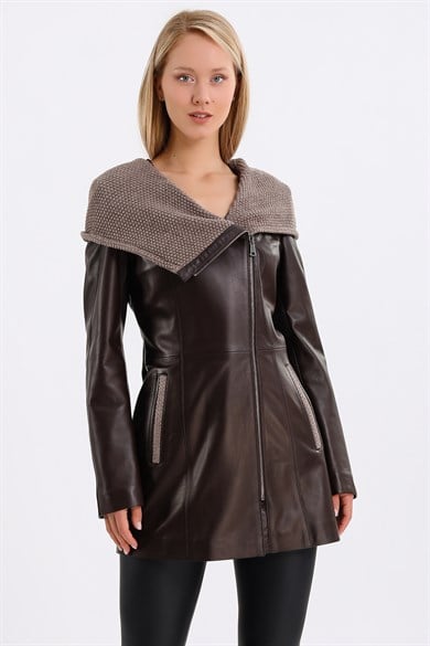 Veste en cuir marron longue à capuche