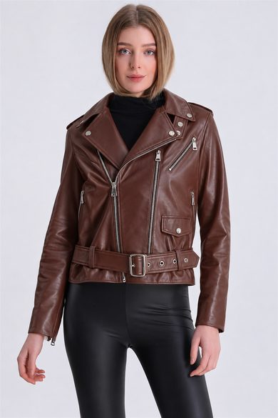 Kahve Klasik Biker Deri Ceket