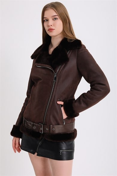 Veste portefeuille en fourrure d'agneau marron