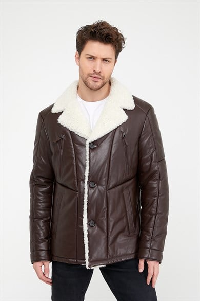 Manteau croisé en fourrure de mouton marron