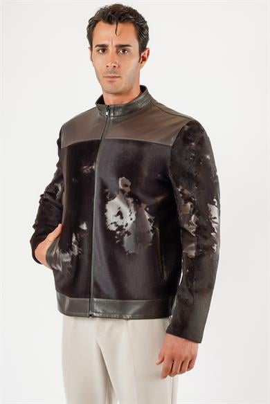 Veste en cuir marron avec garniture fourrure de renard