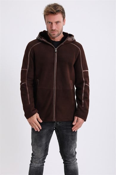 Manteau en daim et cuir brun doublé en fourrure d'agneau