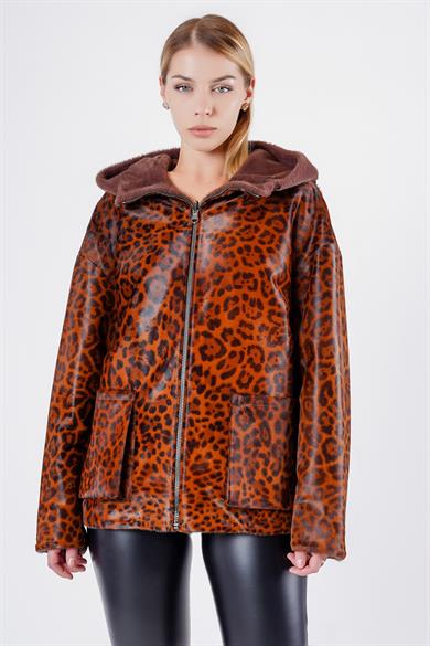 Manteau en fourrure brun motif léopard double face