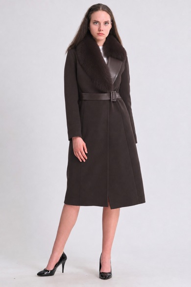 Manteau en cachemire marron avec finitions en fourrure de renard et montone