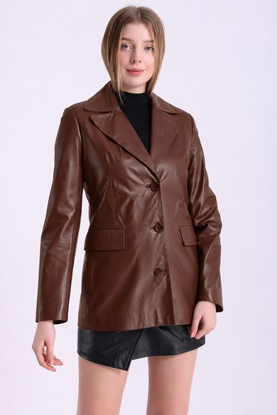 Kahve Uzun Blazer Deri Ceket