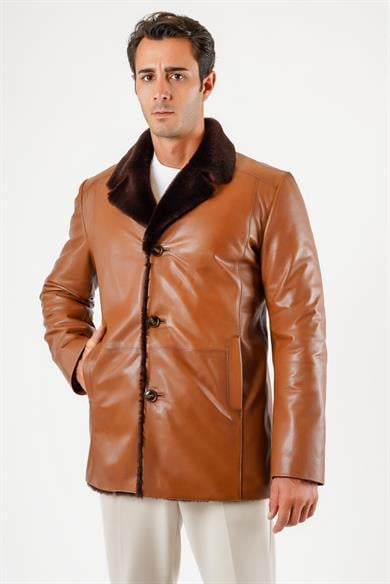 Manteau en cuir marron doublé fourrure végétal