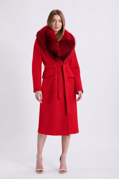 Manteau en cachemire Arjante rouge avec fitures en renard