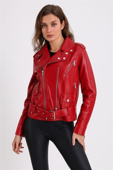 Veste biker en cuir rouge