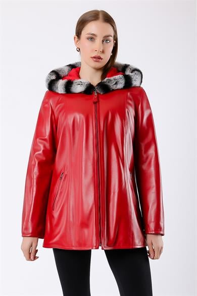 Manteau en fourrure de rex rouge réversible avec garniture en cuir authentique