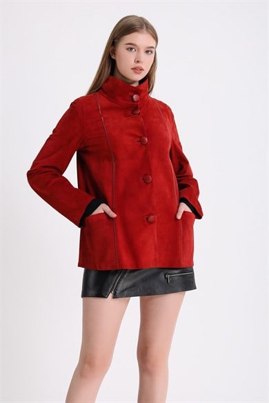 Manteau réversible rouge en daim et cuir