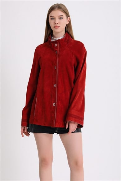 Manteau réversible rouge en daim et cuir