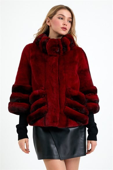 Veste en fourrure de vison rouge avec garniture de chinchilla