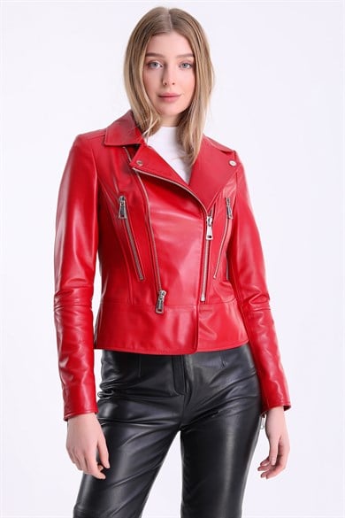 Veste en cuir rouge croisée ajustée