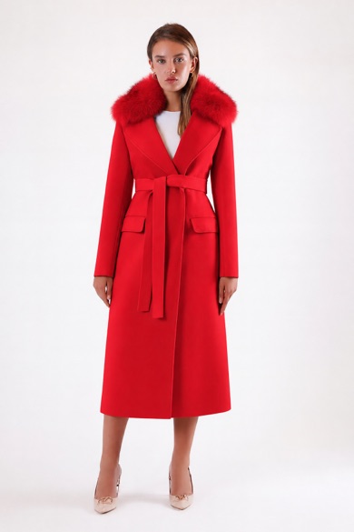 Manteau en cachemire rouge avec garniture en fourrure