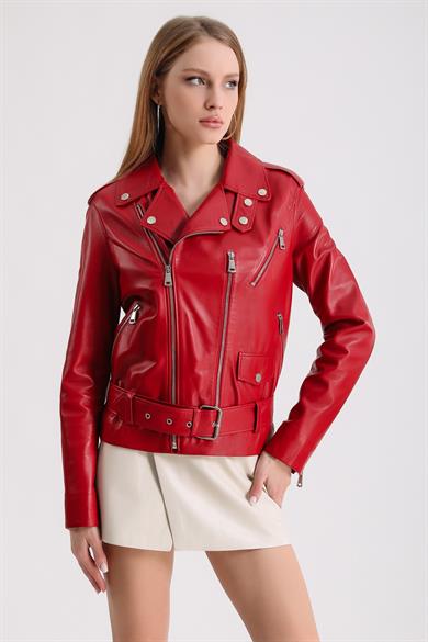Veste biker en cuir rouge oversized