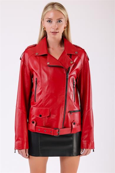 Veste biker oversize en cuir rouge